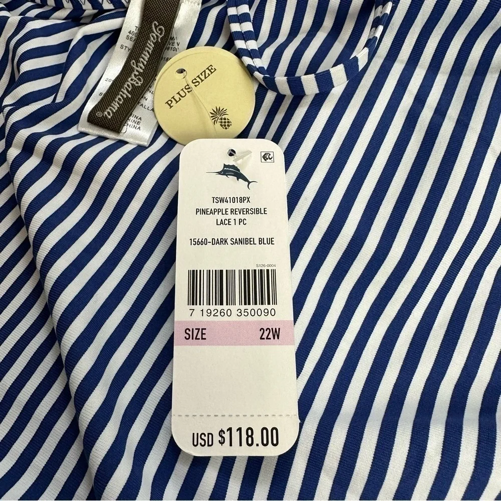 Tommy Bahama Reversible Swimsuit Women's size 22W lace back blue stripe NEW